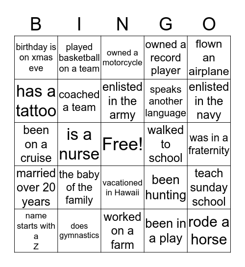 FAMILY CABIN  Bingo Card