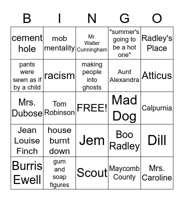 To Kill A Mockingbird Bingo Card