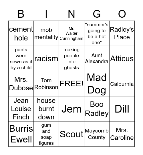 To Kill A Mockingbird Bingo Card
