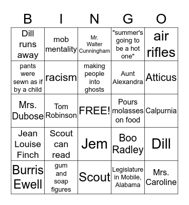 To Kill A Mockingbird Bingo Card