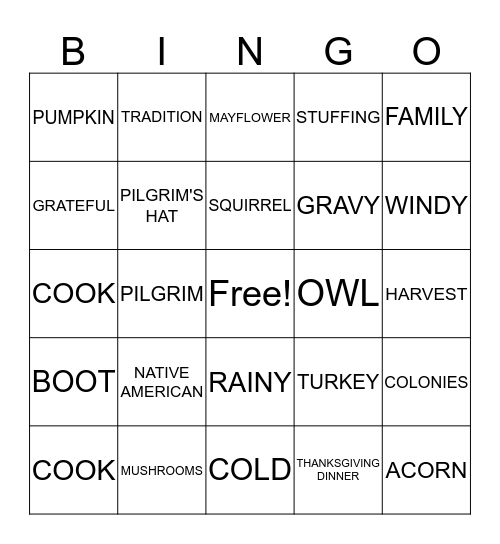Harvest Bingo Card