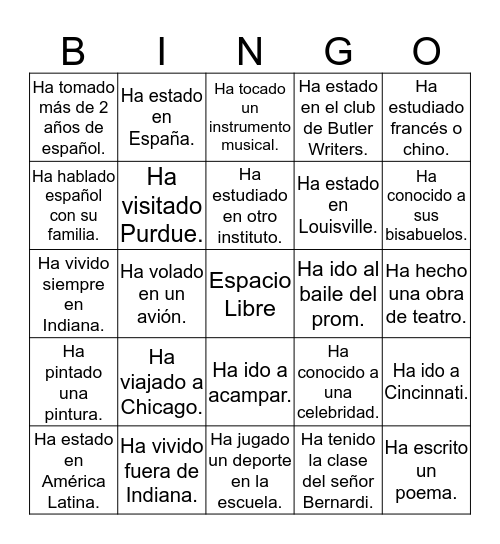 El bingo de las experiencias Bingo Card