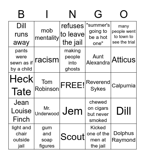 To Kill A Mockingbird Bingo Card