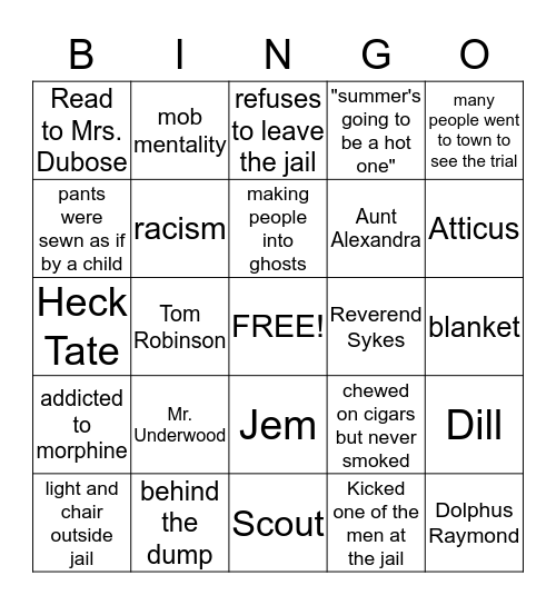 To Kill A Mockingbird Bingo Card