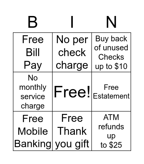 Free Personal Checking Bingo Card