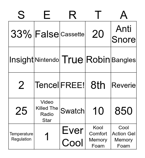 Serta Bingo Card