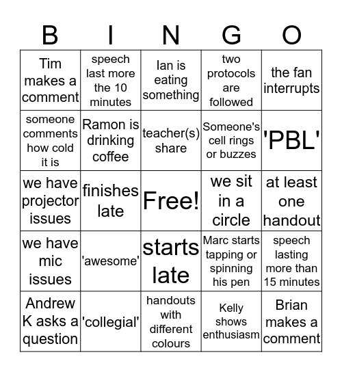 Staff Meeting Bingo Card