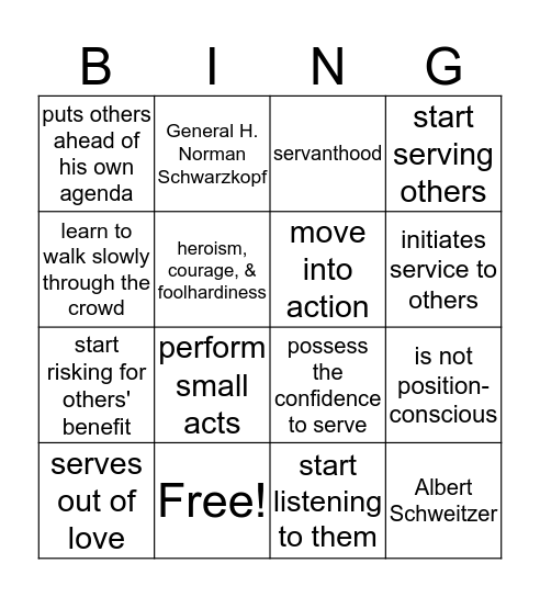 Servanthood Bingo Card