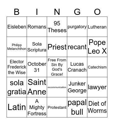 Reformation Bingo Card