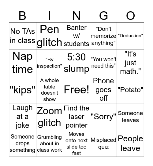 CVEN 221 STATICS FUN Bingo Card