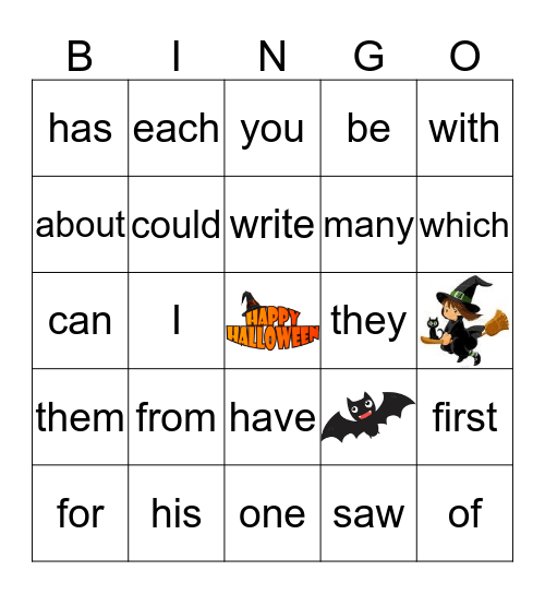 Halloween Sight Words Bingo Card