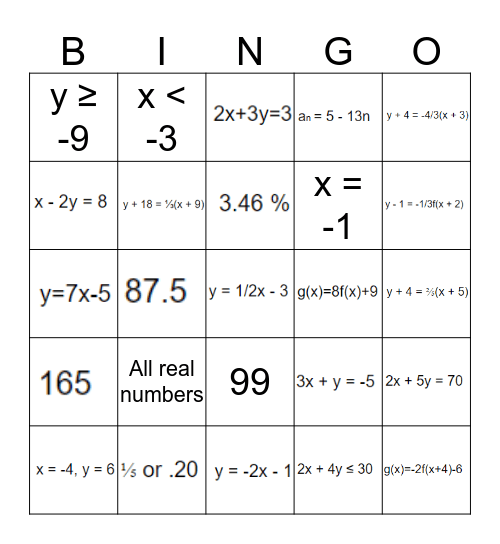 Equations Bingo Races Bingo Card