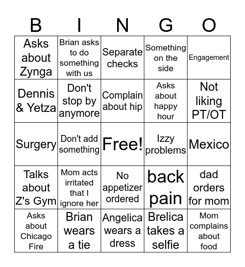 Dinner Bingo Card