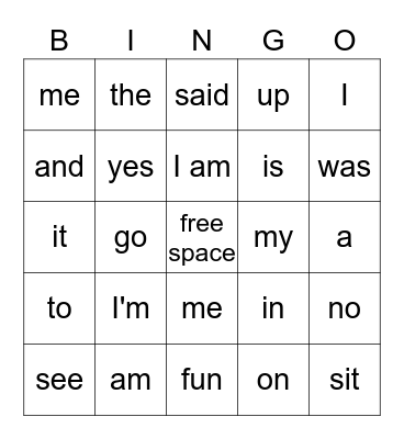 Sight Words Bingo Card