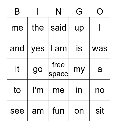 Sight Words Bingo Card