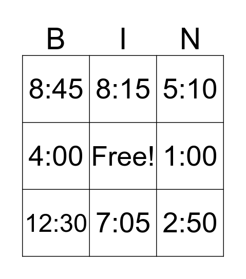 Telling the time  Bingo Card
