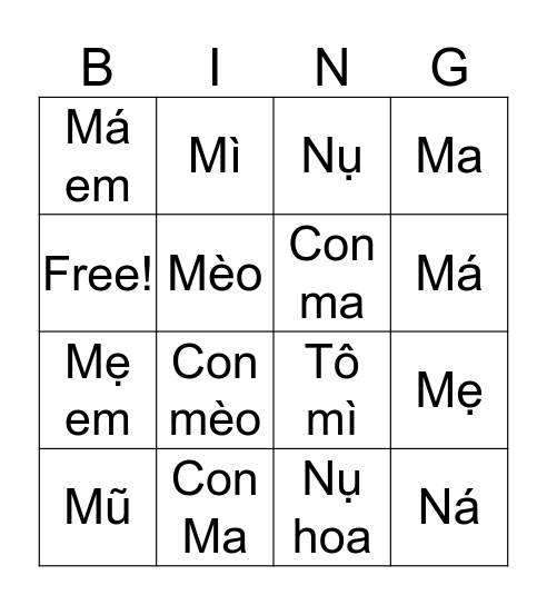 Chữ M&N Bingo Card