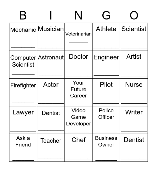 Career Day Bingo Card
