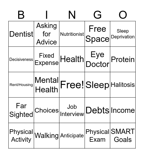 Life Skills BINGO Card