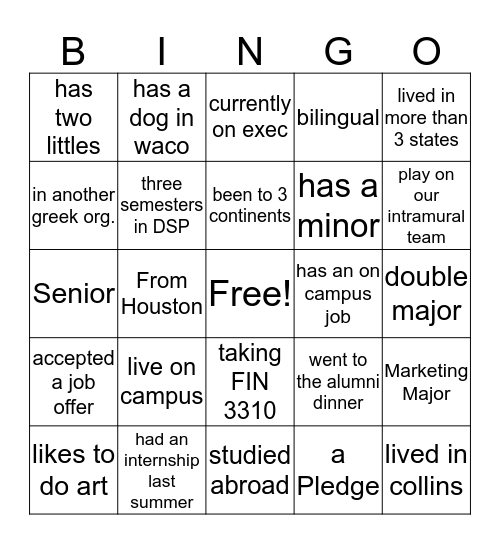 Delta Sigma Pi- Beta Iota Bingo Card