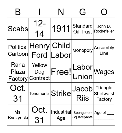 Industrial Age Bingo Card
