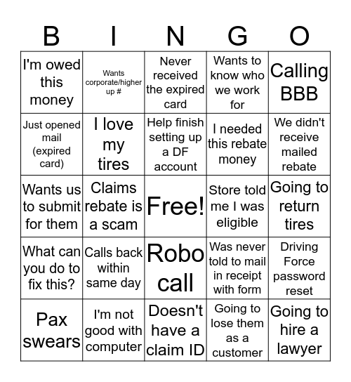 REBATE Bingo Card