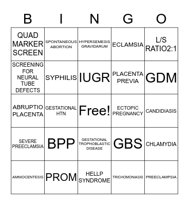 MATERNAL HEALTH PRENATAL Bingo Card