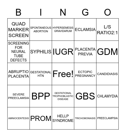 MATERNAL HEALTH PRENATAL Bingo Card