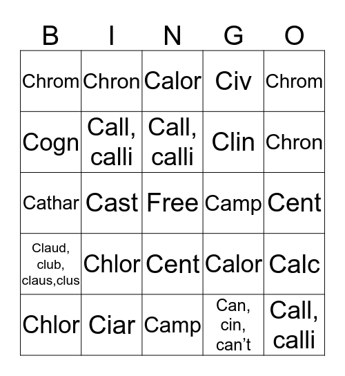 Etymology Bingo Card
