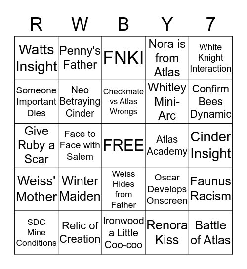 RWBY Volume 7 Bingo Card