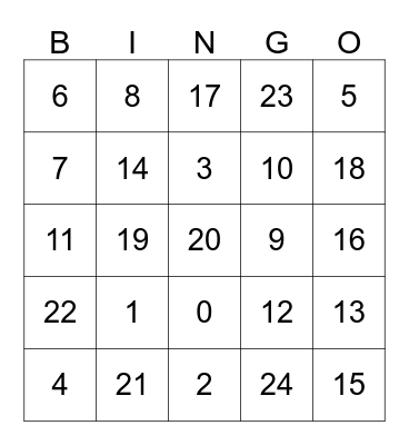 Numeros hasta 24 Bingo Card