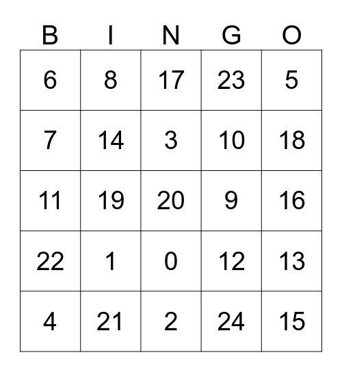 Numeros hasta 24 Bingo Card