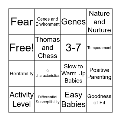 Temperament  Bingo Card