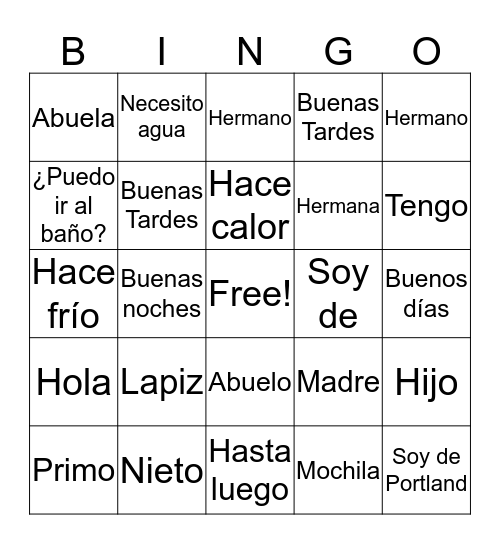 Palabras de español Bingo Card