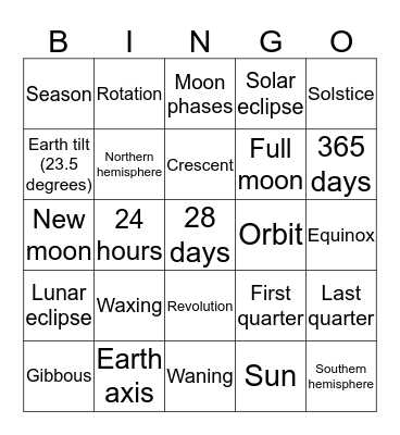 Earth, Sun, Moon Bingo Card