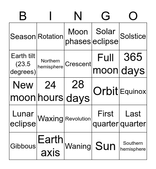 Earth, Sun, Moon Bingo Card