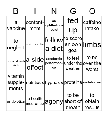 Medicine, Fitness and Dieting Bingo Card