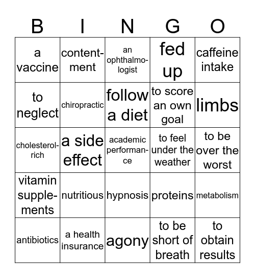 Medicine, Fitness and Dieting Bingo Card