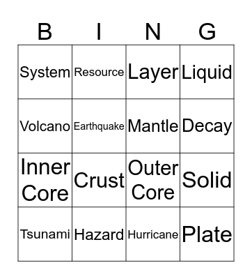 Earth Structure Bingo Card