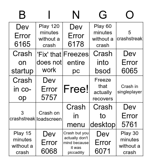 Crash bingo Card