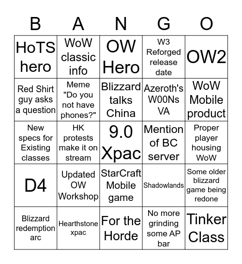 Blizzcon Bango Bingo Card