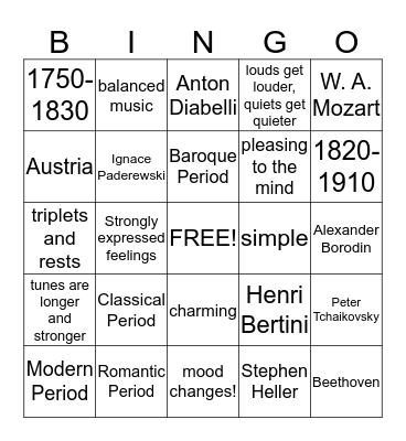 Musical Time Periods Bingo Card