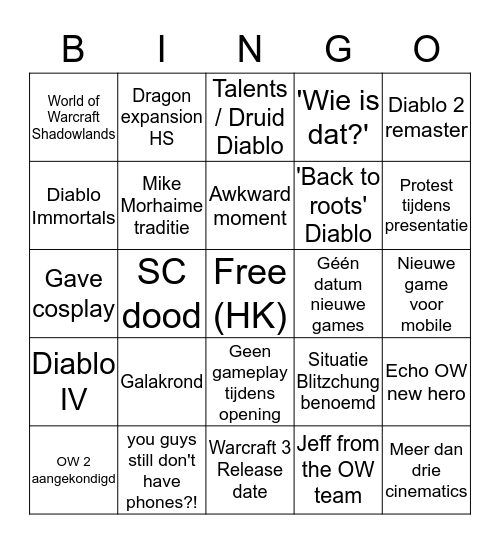 Blizzcon Opening Bingo Card