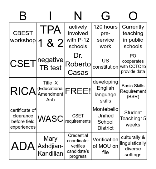 CCTC Preconditions & Pacific Oaks Response Bingo Card