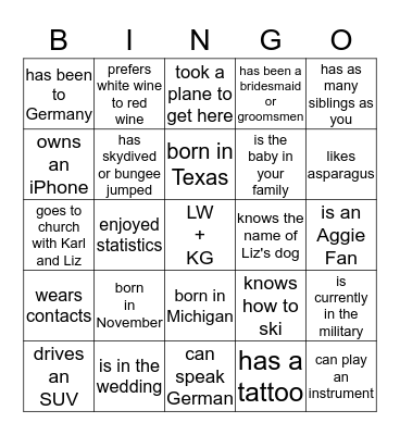 For each square, find someone in the room who can say "That's Me!" and have them initial that square. You can't use the same person twice. Bingo Card