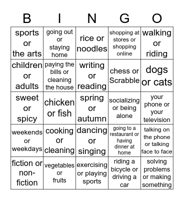 Preferences Bingo Card