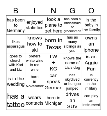 For each square, find someone in the room who can say "That's Me!" and have them initial that square. You can't use the same person twice. Bingo Card
