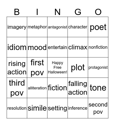 Fiction and Poetry Bingo Card