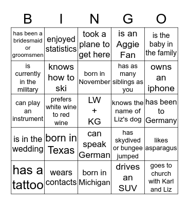 For each square, find someone in the room who can say "That's Me!" and have them initial that square. You can't use the same person twice. Bingo Card