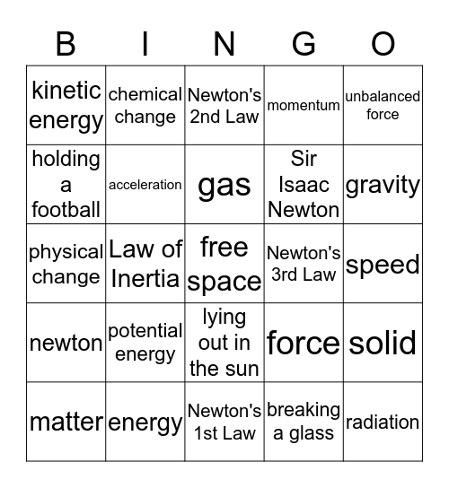 Force and Motion Bingo Card